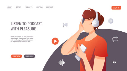 Plakat Young man with headphones listening to music, audio book or podcast. E-learning, online courses, relaxing concept. Vector illustration for website, poster, banner.