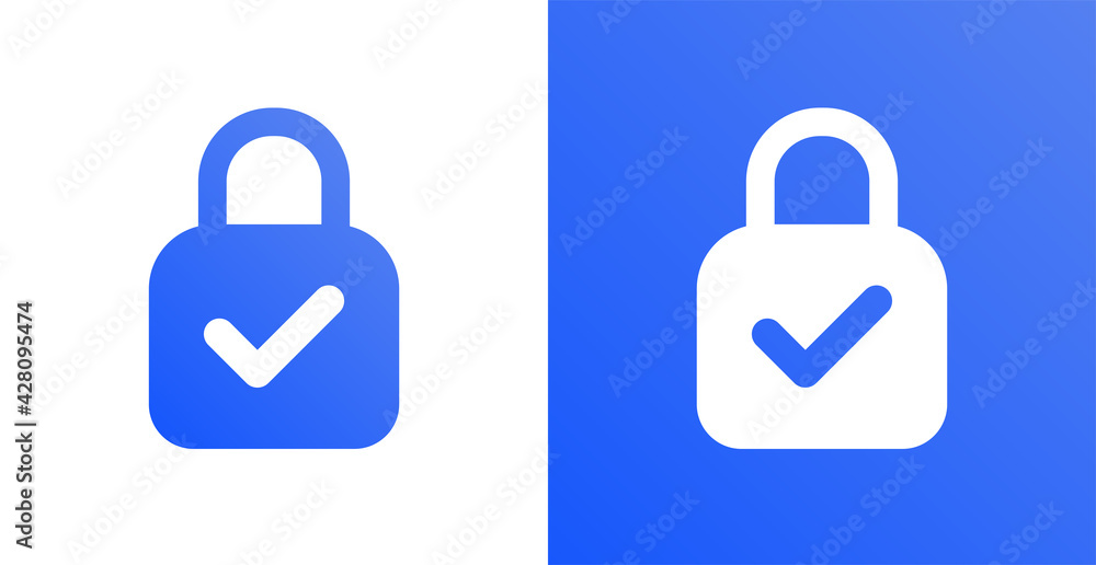 Poster protection sign with blue padlock and check mark symbol. security concept with protected password ve