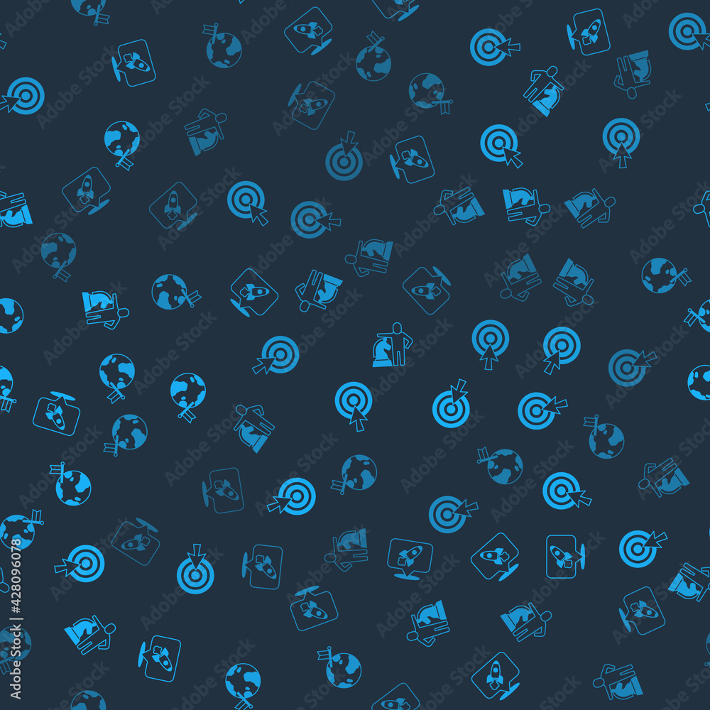 Poster set rocket ship, target with arrow, chess and planet flag on seamless pattern. vector