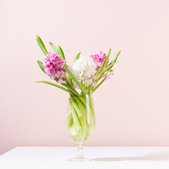 Fresh delicate spring home interior with pink hyacinth bouquet in vase on white wooden table, square.