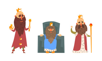 Bearded Kings Wearing Crowns and Mantles Holding Sceptre Vector Set