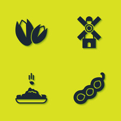 Set Pistachio nuts, Green peas, Seed and Windmill icon. Vector