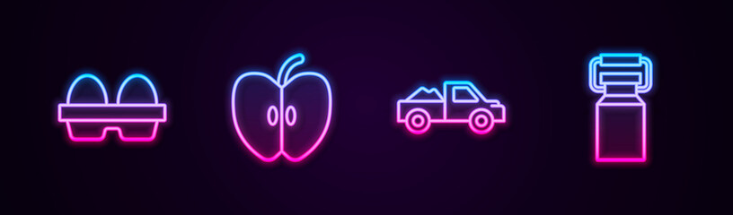 Set line Chicken egg in box, Apple, Pickup truck and Can container for milk. Glowing neon icon. Vector