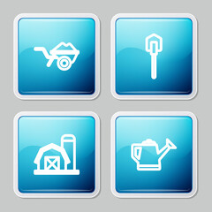 Set line Wheelbarrow with dirt, Shovel, Farm house and Watering can icon. Vector