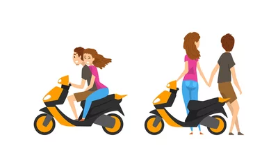 Foto op Plexiglas Loving Couple Holding Hands and Riding on Scooter Vector Set © topvectors