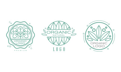 Organic Logo Design with Linear Leaves for Natural Products Vector Set