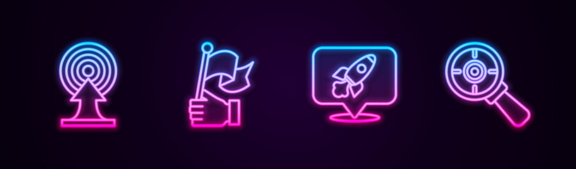 Fototapeta na wymiar Set line Target with arrow, Hand holding flag, Rocket ship and magnifying glass. Glowing neon icon. Vector