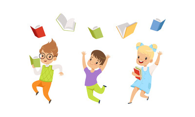 Cute Kids Jumping with Joy and Throwing Books Up in the Air Vector Set
