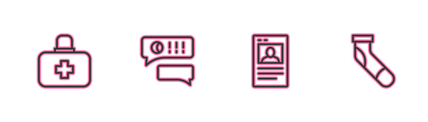 Set line First aid kit, Baseball card, Speech bubble chat baseball and sock icon. Vector