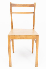 Wooden chair from turn of 70's and 80's from previous century in brown color. Polish design and production. Front view