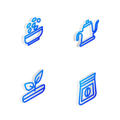 Set Isometric line Watering can, Seeds bowl, Sprout and Bag of coffee beans icon. Vector