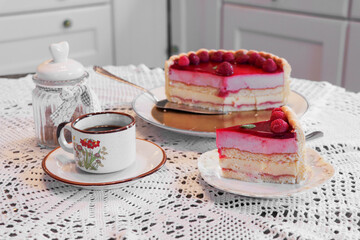 close up of Charlotte red berries pastry for special occasion birthday, party tea and coffee time in the afternoon.