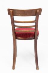 Wooden chair from turn of 70's and 80's from previous century with soft red seat. Polish design and production. Rear view