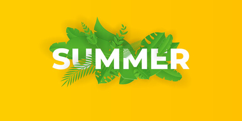 Sale banner with green summer palm leaves. Sale promotional material vector illustration. Design for social media banner, poster, email, newsletter, ad, leaflet, placard, brochure, flyer, web sticker