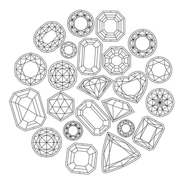 Black and white ornament with crystals and gems. Illustration can be used for coloring book and pictures for children.