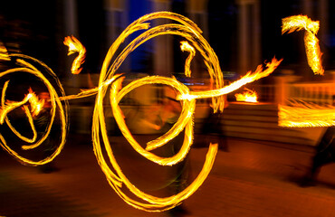 Flame of fire in motion at night.