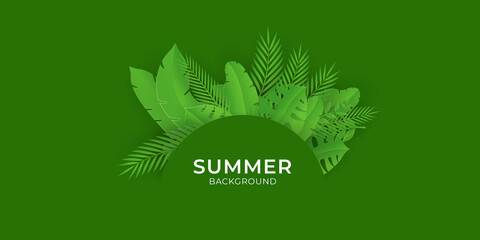 Summer time vector banner design with white space for text and colorful green leaves elements in white background. Floral tropical green paper cut leaf background. Vector illustration.