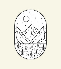illustration of three mountains and savanna with many stars in mono line art ,badge patch pin graphic illustration, vector art t-shirt design