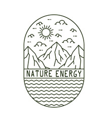 illustration of mountains and sea with writing nature energy in mono line art ,badge patch pin graphic illustration, vector art t-shirt design