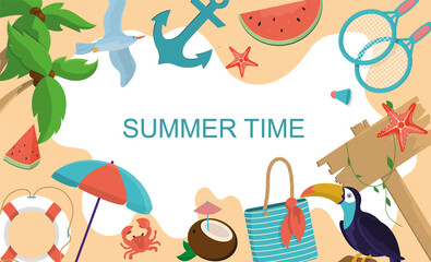 Fototapeta premium Summer frame with space for your text. Set with animals living in tropical countries and beach items. Poster, layout in cartoon style. Vector, EPS 10.