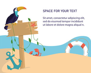 An exotic toucan bird sits on a signpost on the beach. Summer design with space for your text. Poster, layout in cartoon style. Vector, EPS 10. © LiLIIA