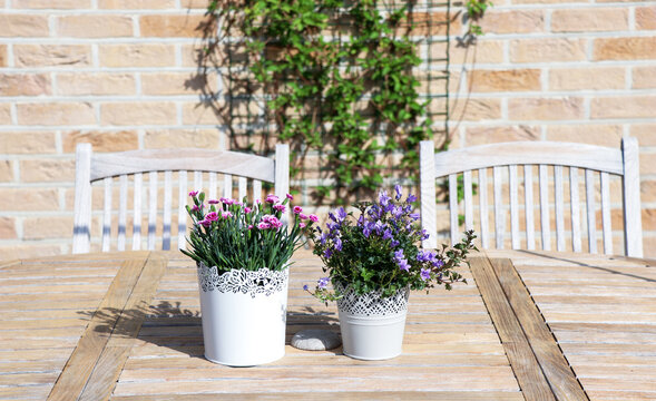 Image of flowers pots on the wooden table in the terrace for home decoration in spring and summer season.