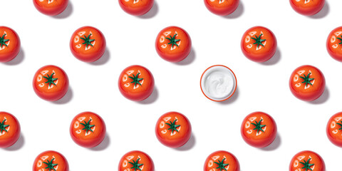Seamless pattern of tomato shaped packaging with face cream or mask isolated on a white background. Tomato skin care series. Flat lay