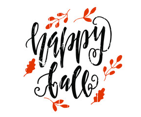 Obraz premium Happy Fall - hand drawn lettering. Autumn greeting card. Template for card, poster, banner, print. Vector illustration. 
