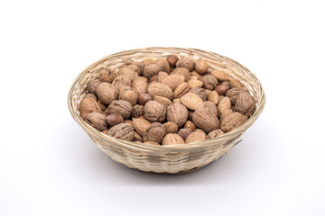 Assorted nuts in a basket.
Product: walnuts, almonds, hazelnuts.