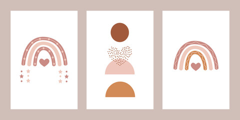 Set of cards with Scandinavian boho rainbows and abstract shapes with heart in pastel earthy nude colors. Celestial clip art decoration for baby nursery. Hand drawn vector posters for baby shower. © millering