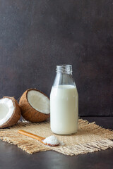 Coconut milk and fresh coconuts. Vegetarian food. Healthy eating.