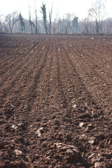 Freshly plowed field in winter season. Rural scene 