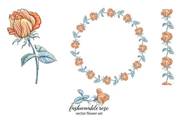 Vector set of flower compositions. Rose flowers, Yellow rose. Wreath.