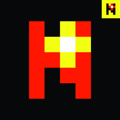 Letter N and Plus sign monogram logo design in Pixel Art style. Vector logo in red, yellow, and white.  Eps 8.