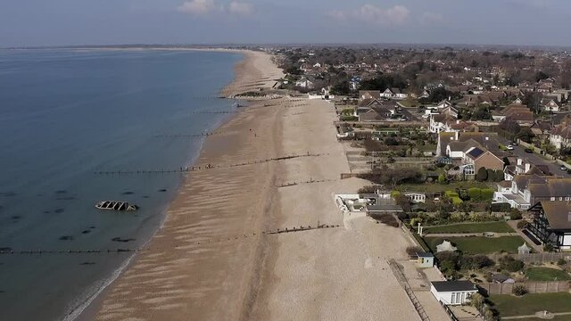 Aerial Footage along the Beautiful Aldwick Beach Bognor in Southern England with a section of the Mulberry Harbour caisson with was lost in a storm just before D Day.