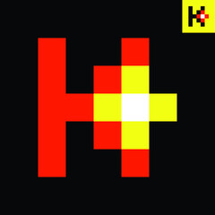 Letter K and Plus sign monogram logo design in Pixel Art style. Vector logo in red, yellow, and white.  Eps 8.