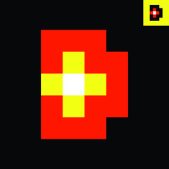 Letter D and Plus sign monogram logo design in Pixel Art style. Vector logo in red, yellow, and white.  Eps 8.