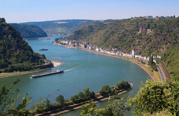 View at the river Rhine and the Katz castle above St. Goarshausen  (view from Loreley rock, Germany)