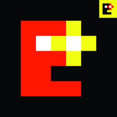 Letter E and Plus sign monogram logo design in Pixel Art style. Vector logo in red, yellow, and white.  Eps 8.