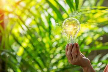 hand holding light bulb against nature, icons energy sources for renewable,