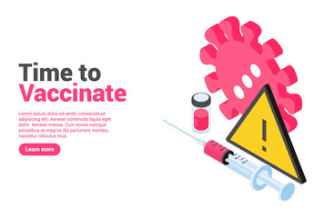Syringe, virus, vaccine and danger icons. Vaccination concept. landing page or web banner concept. Vector illustration in isometric style. Isolated on white background
