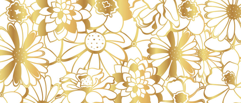 Vector background with gold flowers. Contour golden flowers