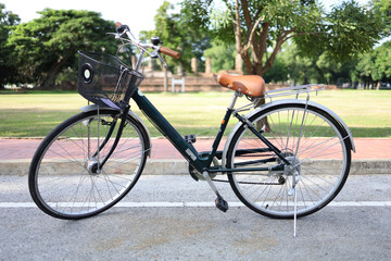 Brown leather-padded bicycles park on the road in the park in the afternoon, and people come to exercise on weekends.