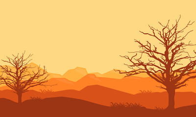Incredible mountain panorama at twilight with silhouettes of dry trees around it. Vector illustration