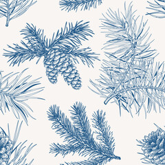 Winter seamless pattern with conifers. Blue and white.