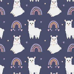 Seamless vector pattern with llama (alpaca), hearts and rainbows. Baby background for wrapping paper,  greeting cards, design. © Alina