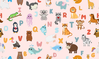 Seamless pattern with english alphabet with cute animals isolated on pink background. Vector illustration for teaching children learning a foreign language.