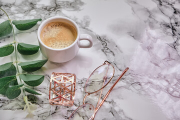coffee cup, top view of coffee cup on marble table