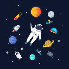 Astronaut man floating in space with planets background