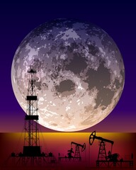 Night landscape with a large moon. Abstract vector illustration of oil pumps and oil rigs on the background of the moon. A blank for creativity.
